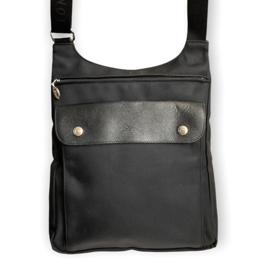 Longchamp unisex black nylon and leather side pack messenger bag